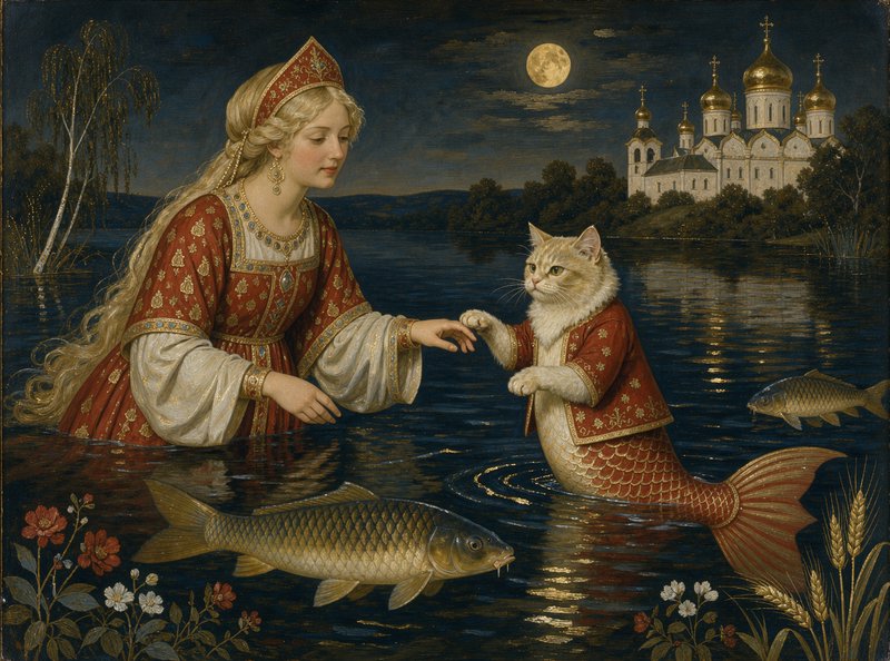 Fairytale princess in traditional robes touching paws with a mermaid cat in a moonlit lake