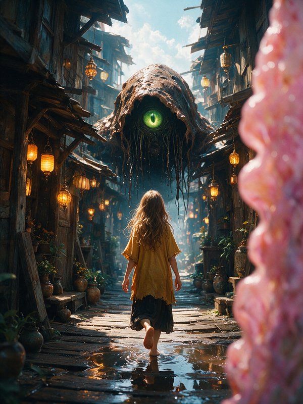 Barefoot girl walks toward a towering one-eyed monster down a lantern-lit wooden village street