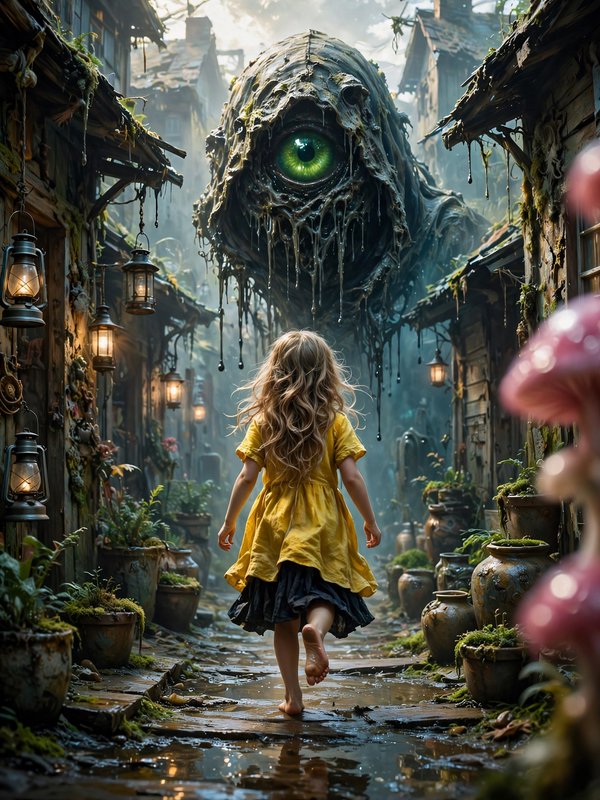 Barefoot girl in a yellow dress walks toward a dripping giant one-eyed monster down an overgrown fantasy village lane