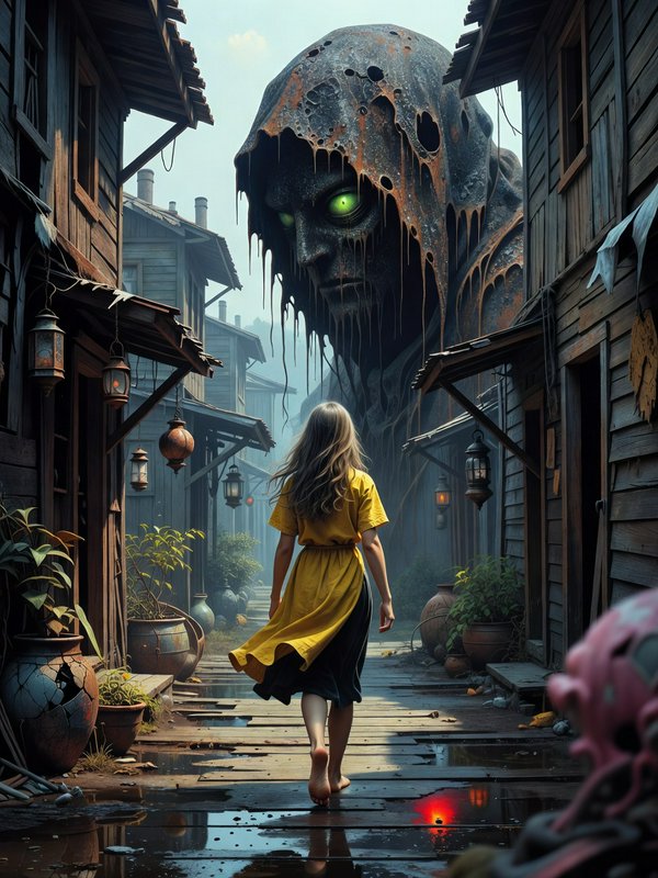 Barefoot girl in a yellow dress walks down a misty village lane toward a towering hooded monster with glowing green eyes