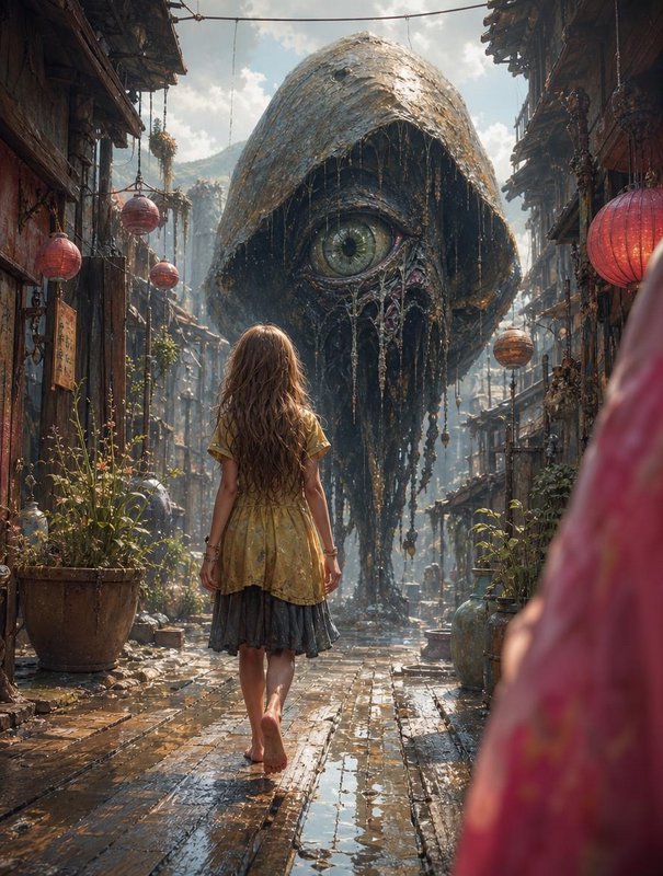 Barefoot girl walks toward a towering single-eyed cyclops creature on a rainy old market street