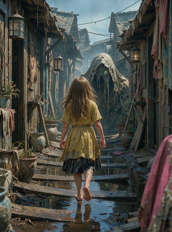 Barefoot girl walks toward a slime-draped hooded cyclops monster down a flooded shanty village alley