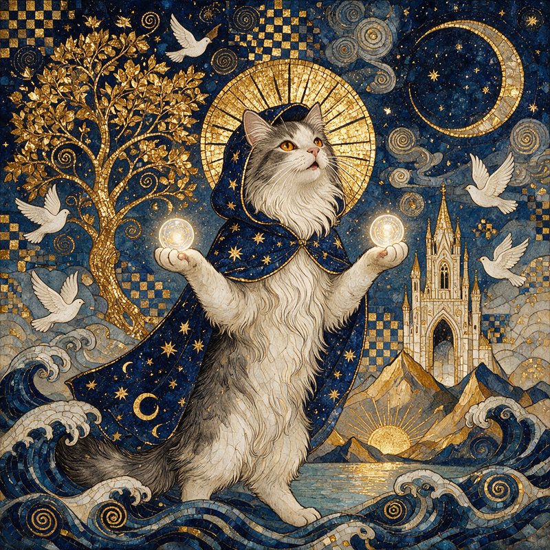 Fluffy wizard cat in a starry hooded cloak holds glowing orbs in an ornate celestial fantasy mosaic scene