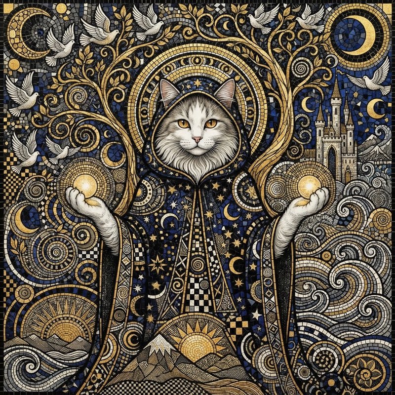 Ornate mosaic artwork of a hooded wizard cat holding glowing orbs surrounded by celestial fantasy scenery