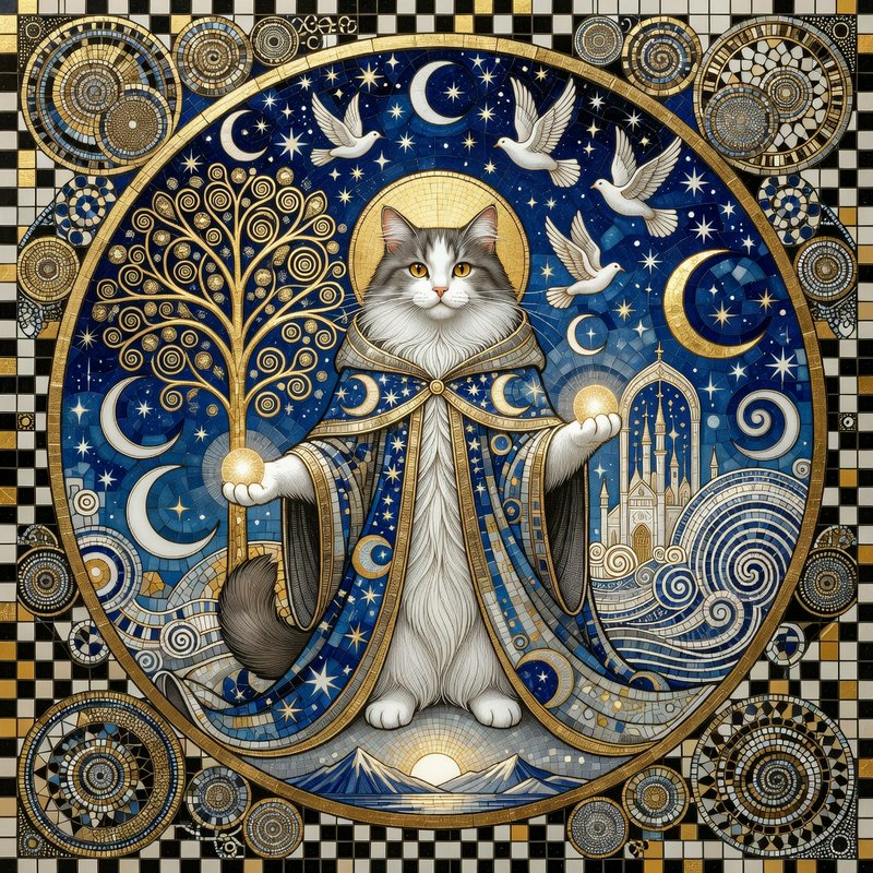 Ornate mosaic illustration of a robed celestial wizard cat with a golden halo in a starry night scene