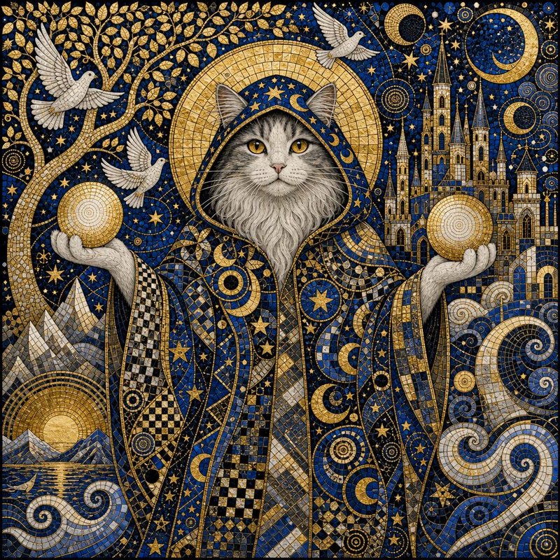 Ornate mosaic wizard cat in starry robes holds golden orbs against a celestial fantasy backdrop