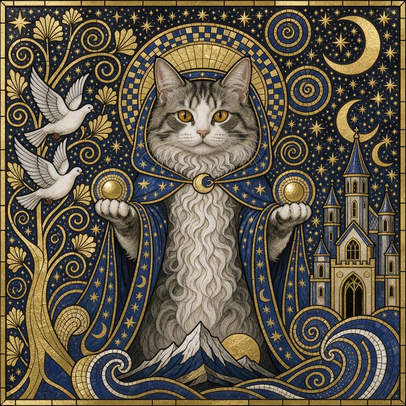Ornate mosaic illustration of a wizard cat in starry robes holding golden orbs against a celestial night sky