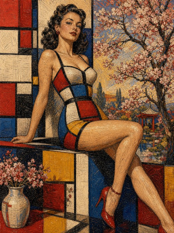 Glamorous retro pinup woman in a Mondrian color-block dress sits between geometric panels and a cherry blossom landscape