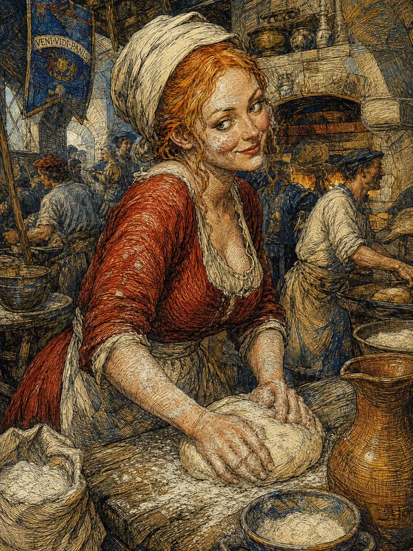 Smiling red-haired female baker kneads bread dough inside a bustling medieval communal bakery