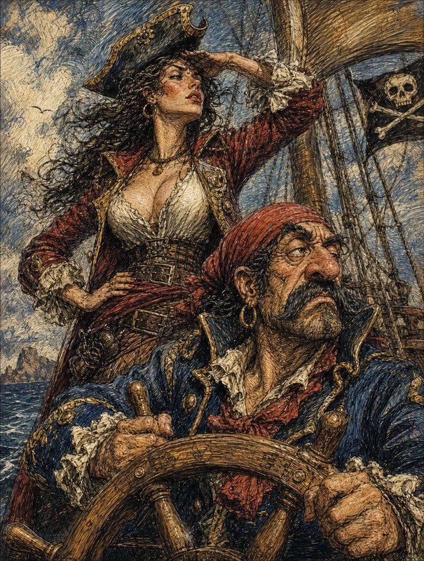 Woman pirate scans the horizon as a weathered male captain steers their galleon beneath a Jolly Roger flag