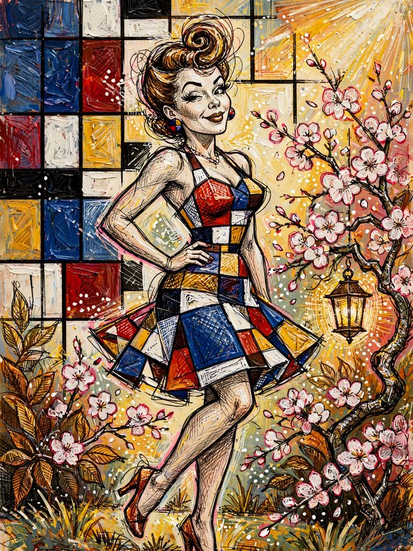 Retro pinup woman in a geometric Mondrian dress poses beside cherry blossoms with a stained glass grid background