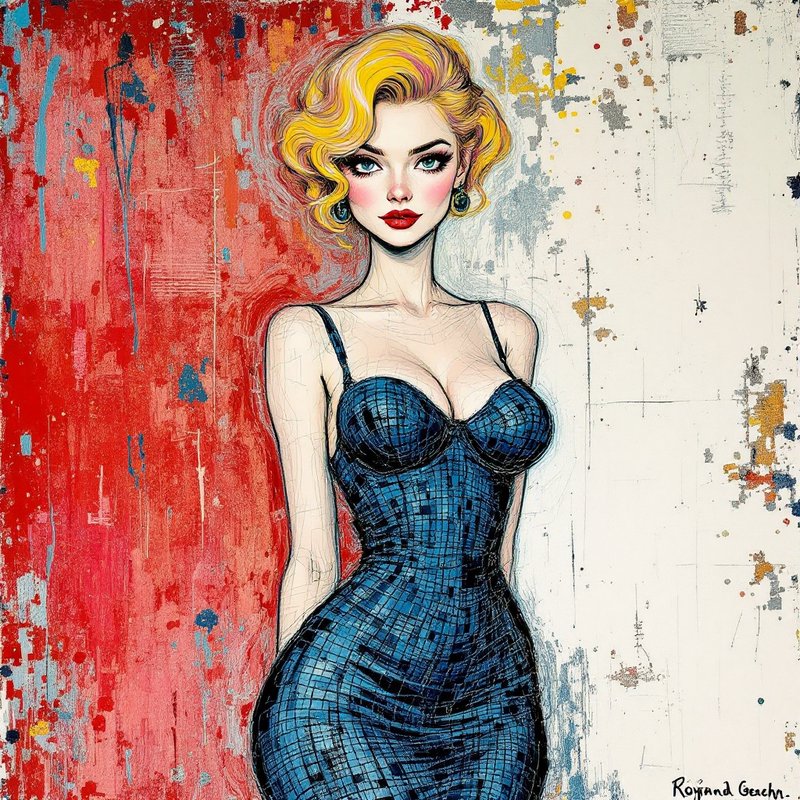 Glamorous retro blonde woman in a fitted blue dress poses against an abstract paint splatter background