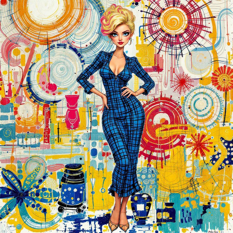 Stylized glamorous blonde woman in a blue grid dress stands against a vibrant abstract painted background