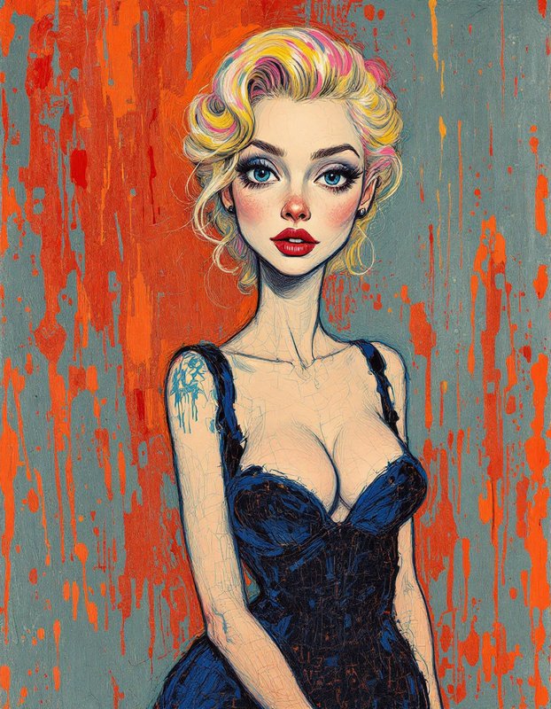 Stylized caricature portrait of a glamorous blonde woman against a paint splatter backdrop