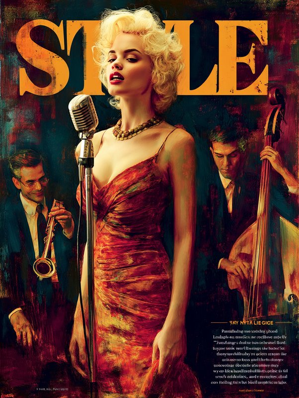 Blonde vintage jazz singer stands at a microphone with her band on a retro STYLE magazine cover