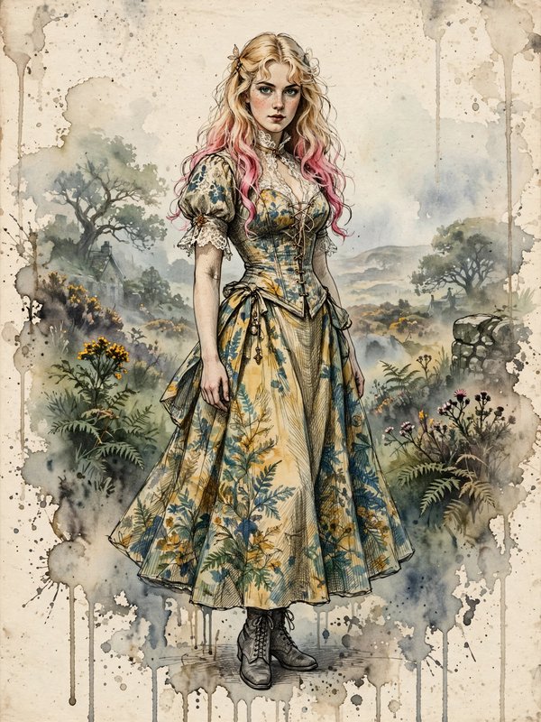 Young woman with pink-tipped wavy hair stands in a floral vintage gown against a misty highland landscape