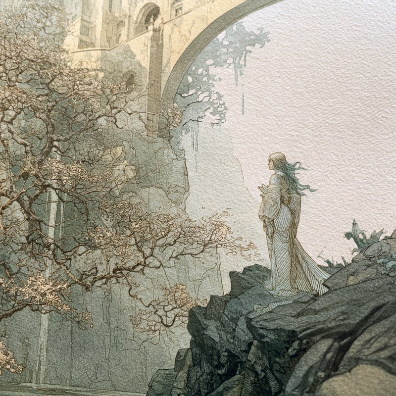 Ethereal robed fantasy woman stands on a rocky cliff facing an ancient arched castle above misty falls