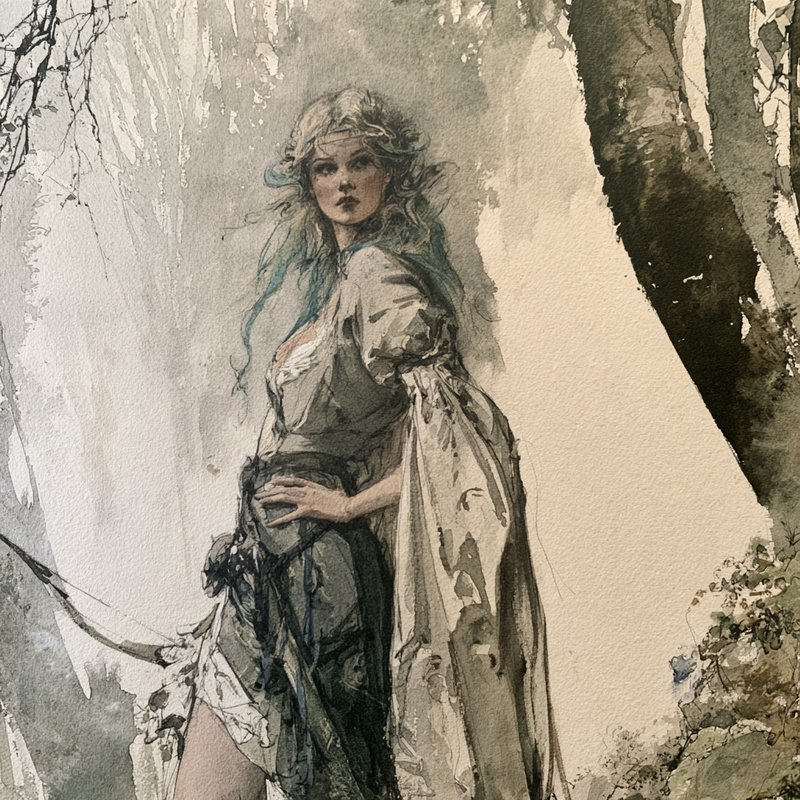 Ethereal elven archer woman standing in a misty woodland, rendered in ink and watercolor