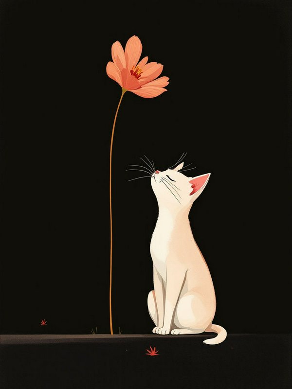 Slender white cat sits with closed eyes, sniffing a tall peach flower against a solid black background