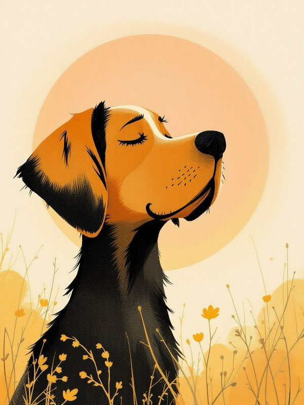 Stylized relaxed black and tan hound dog with closed eyes standing in a sunlit wildflower meadow
