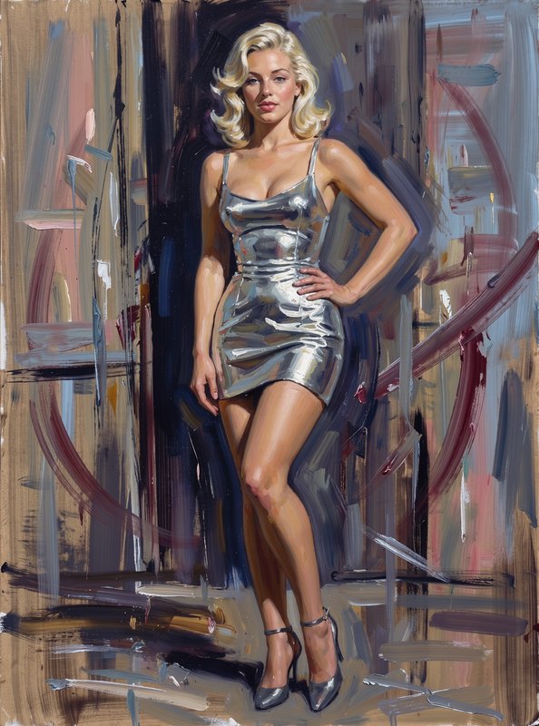 Oil painting of a glamorous blonde woman in a shiny silver mini dress posing with her hand on her hip
