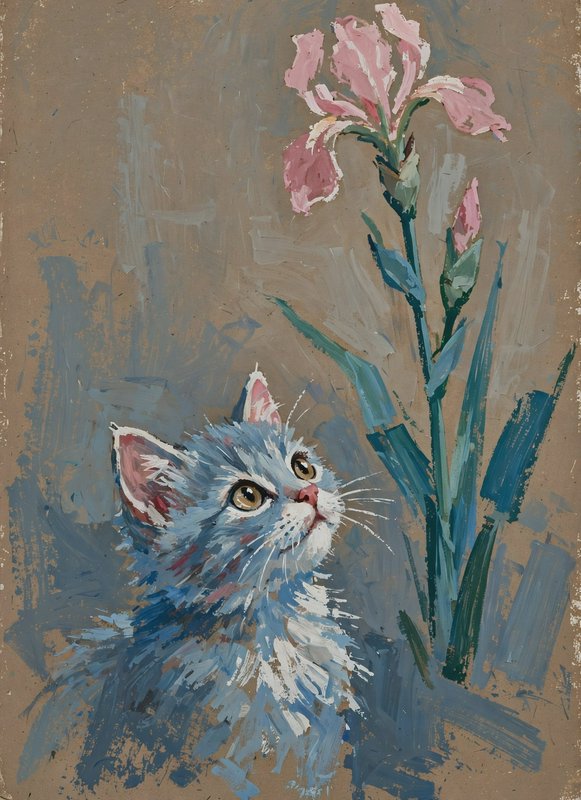 Fluffy blue kitten gazing upward at a tall pink iris flower in a painterly portrait