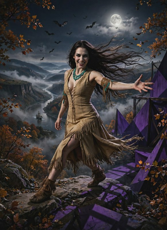 Grinning supernatural vampire woman in a fringed suede dress stands on a moonlit cliff overlooking a misty autumn valley