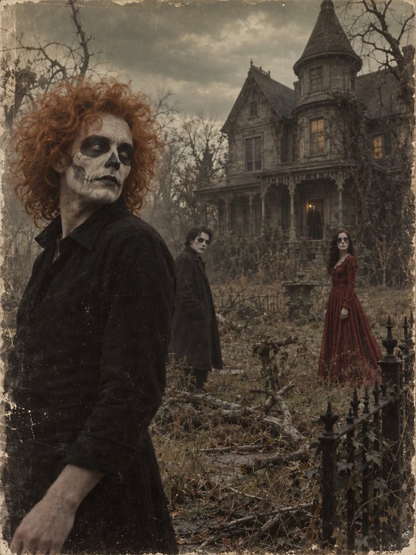 Three figures with skeleton face paint stand in the overgrown yard of a crumbling gothic Victorian haunted house