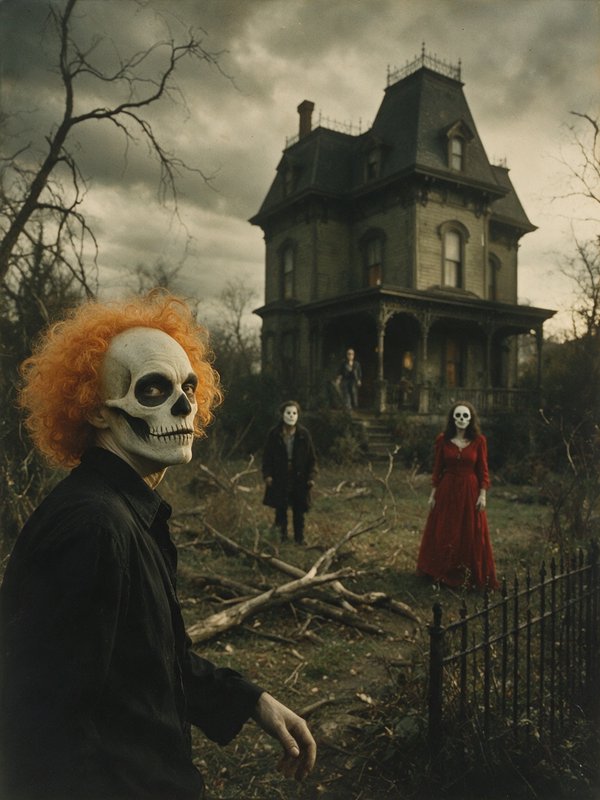 Figure with skull face paint and orange wig stands before a spooky Victorian haunted house with other masked figures