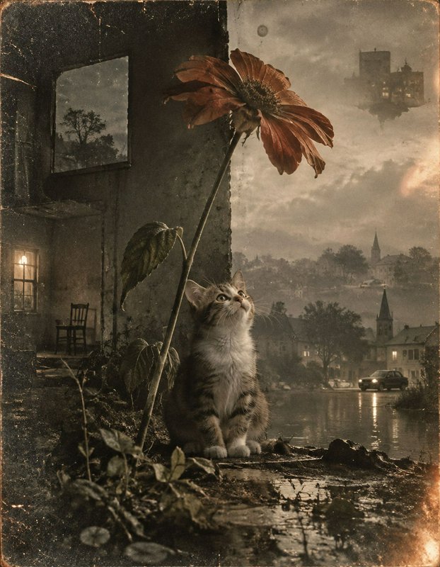 Fluffy tabby kitten gazes upward at an enormous tall flower in a surreal fantasy landscape