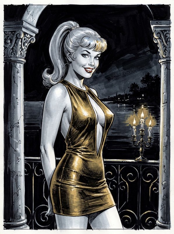 Smiling blonde woman in a shiny gold mini dress stands on a candlelit nighttime riverside balcony