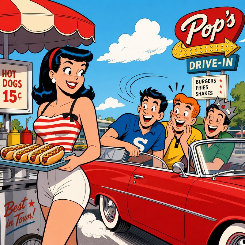 Classic Archie comic scene of giddy boys in a convertible greeting a hot dog vendor at Pop's Drive-In