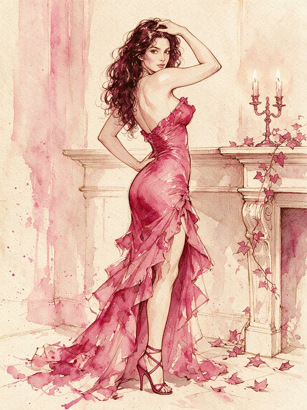 Elegant woman in a ruffled pink evening gown poses beside an ornate fireplace mantel in watercolor style