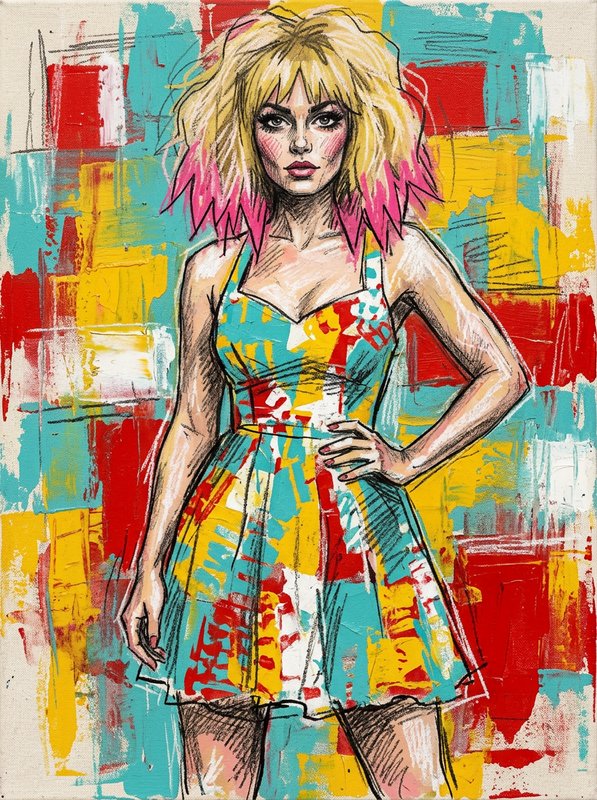 Pop art portrait of a woman with pink-tipped blonde hair posing with one hand on her hip