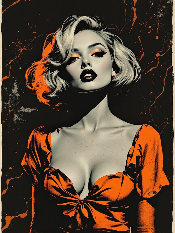 Stylized pop art portrait of a glamorous blonde woman in a bright orange dress against a dark spl...