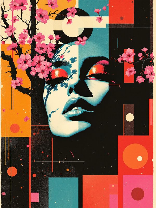 Surreal stylized female portrait framed by pink cherry blossom against a geometric abstract backg...