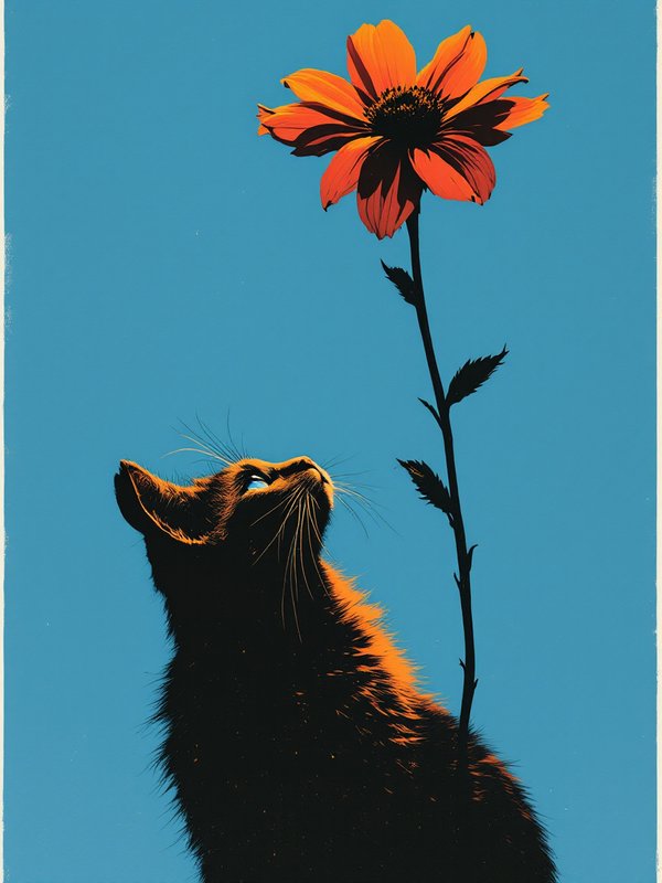 Backlit cat looks up at a tall orange flower against bright solid blue sky