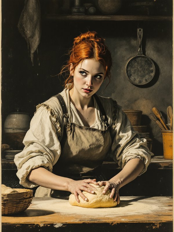 Young red haired female baker kneading bread dough on a floured rustic kitchen worktable