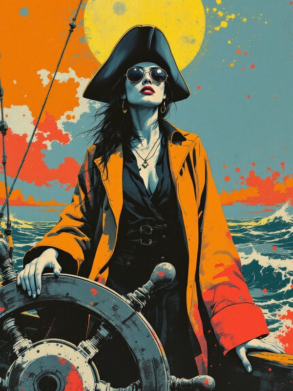 Female pirate captain in a tricorn hat and sunglasses stands at a ship's wheel on churning open o...