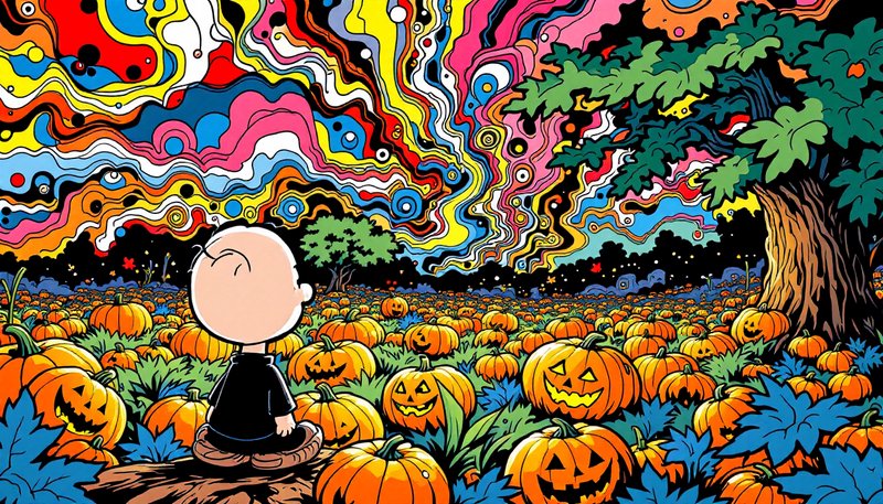 Charlie Brown sits in a carved jack-o-lantern pumpkin patch under a swirling psychedelic Hallowee...