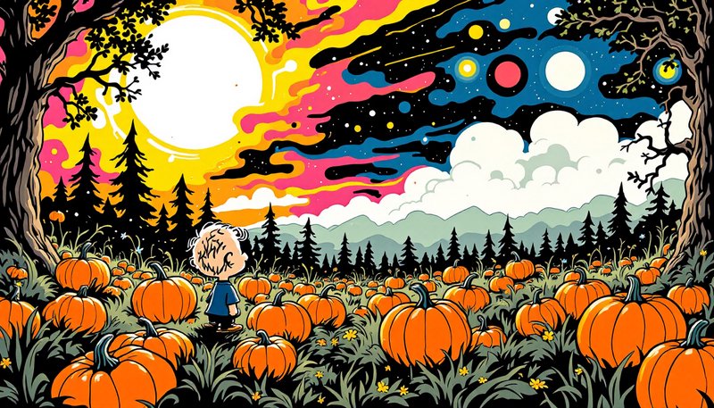Charlie Brown stands in a pumpkin patch beneath a vibrant surreal swirled night sky