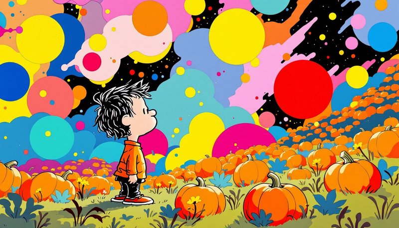 Peanuts-style cartoon boy standing in a pumpkin patch gazing up at a bright psychedelic cosmic sky