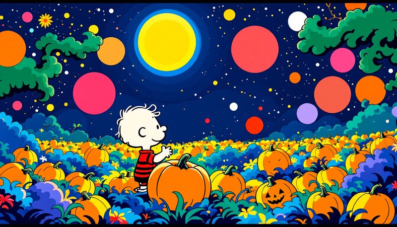 Linus from Peanuts stands in a vibrant pumpkin patch looking up at a bright full Halloween moon