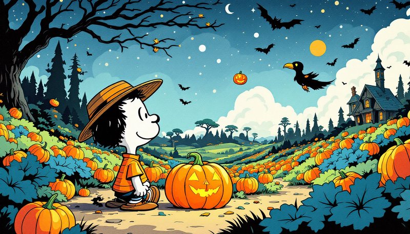 Cartoon Peanuts character stands beside a glowing jack-o'-lantern in a sprawling Halloween pumpki...