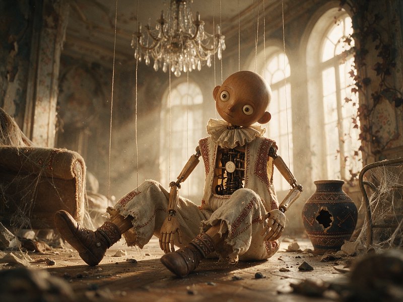 Steampunk wooden marionette puppet sits tethered to strings in a sunlit crumbling abandoned ballroom