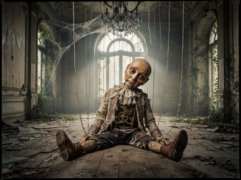 Worn string marionette puppet sits abandoned on the floor of a derelict overgrown mansion ballroom