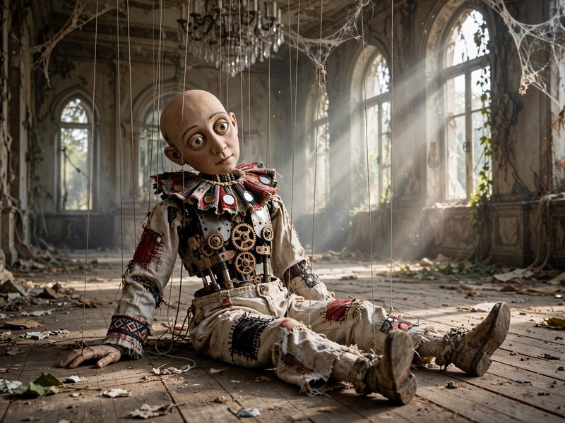Clockwork steampunk marionette sits tangled in puppet strings in a sunlit crumbling abandoned man...