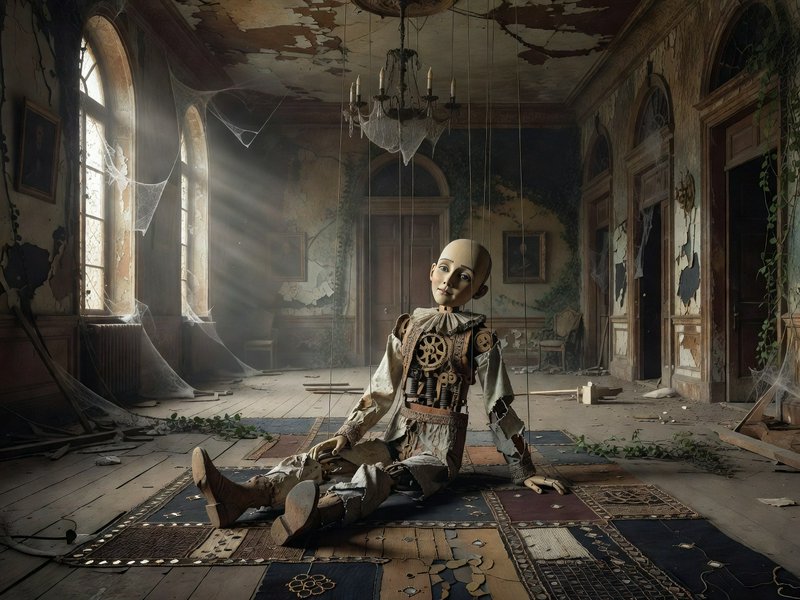 Steampunk marionette puppet sits tethered to strings in a crumbling abandoned Victorian mansion i...