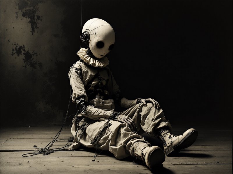 Cracked pale marionette automaton with a ruffled collar sits slumped on a worn wooden floor in a ...
