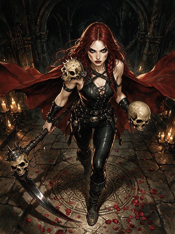 Fierce red-haired fantasy warrior holding a skull scythe advances through a candlelit gothic crypt